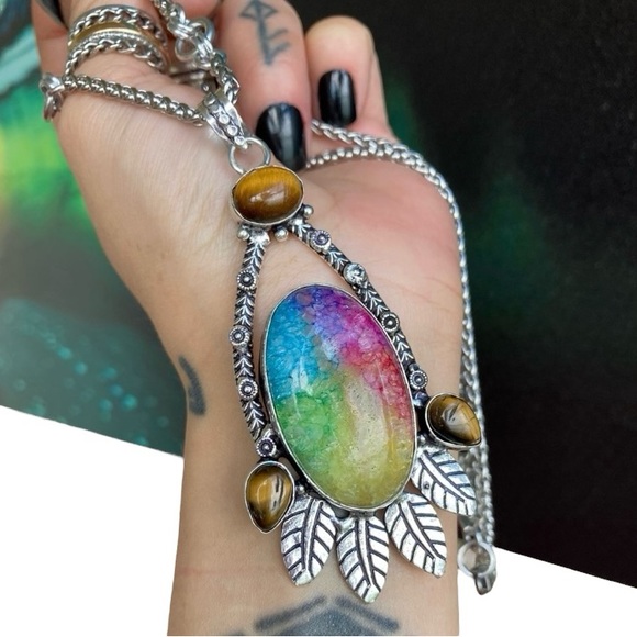 925 sterling silver overlay Rainbow solar quartz tiger eye stone charm necklace - Picture 7 of 13